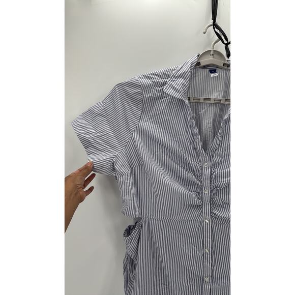 Old Navy Striped Cutout Midi Shirt Dress blue white size 3X cotton side slits - Picture 5 of 10